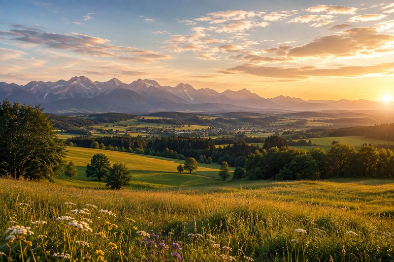 Blick über das bayerische Alpenvorland bei Sonnenuntergang