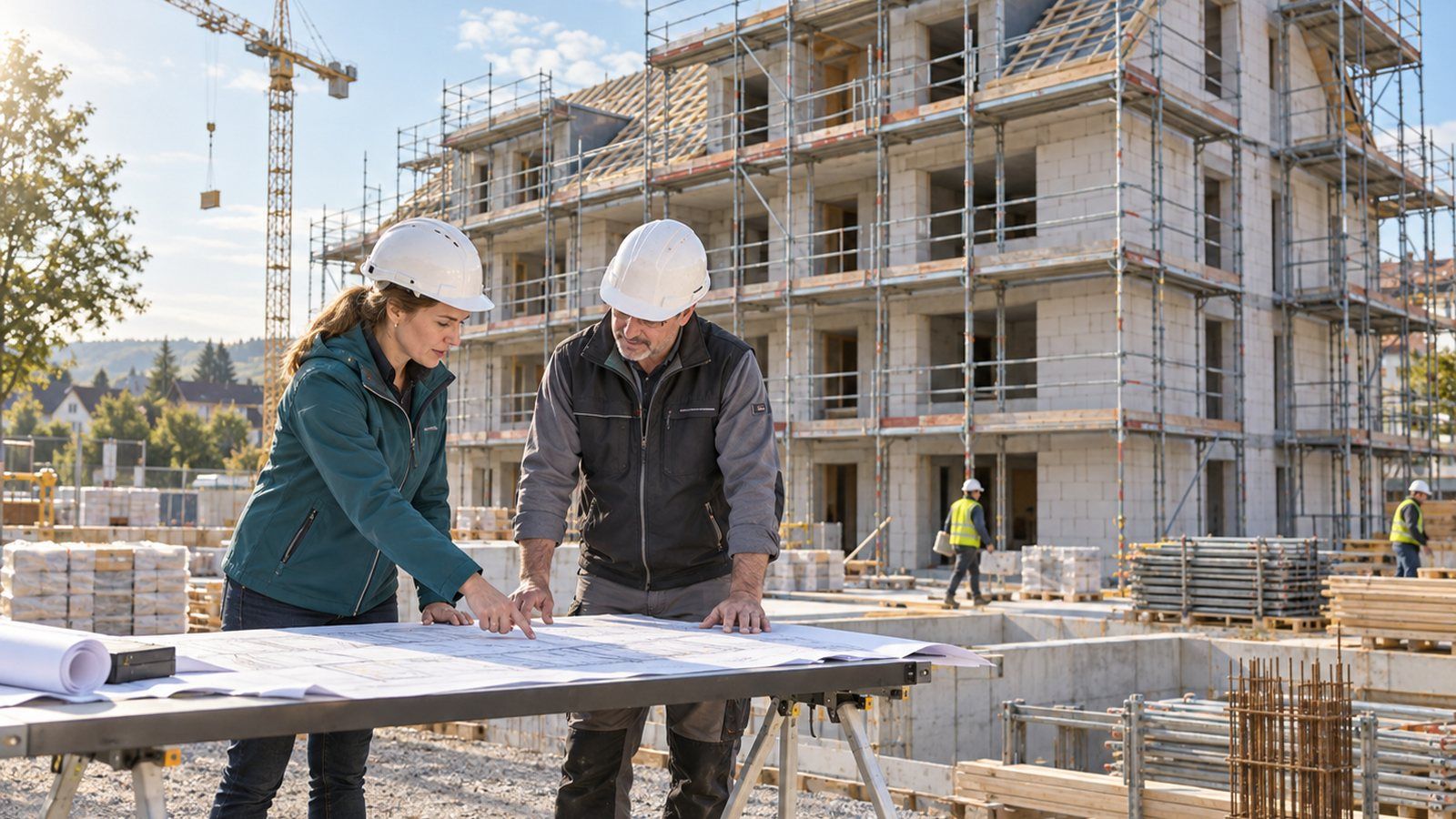 Bauleitung am Planungstisch vor dem Rohbau