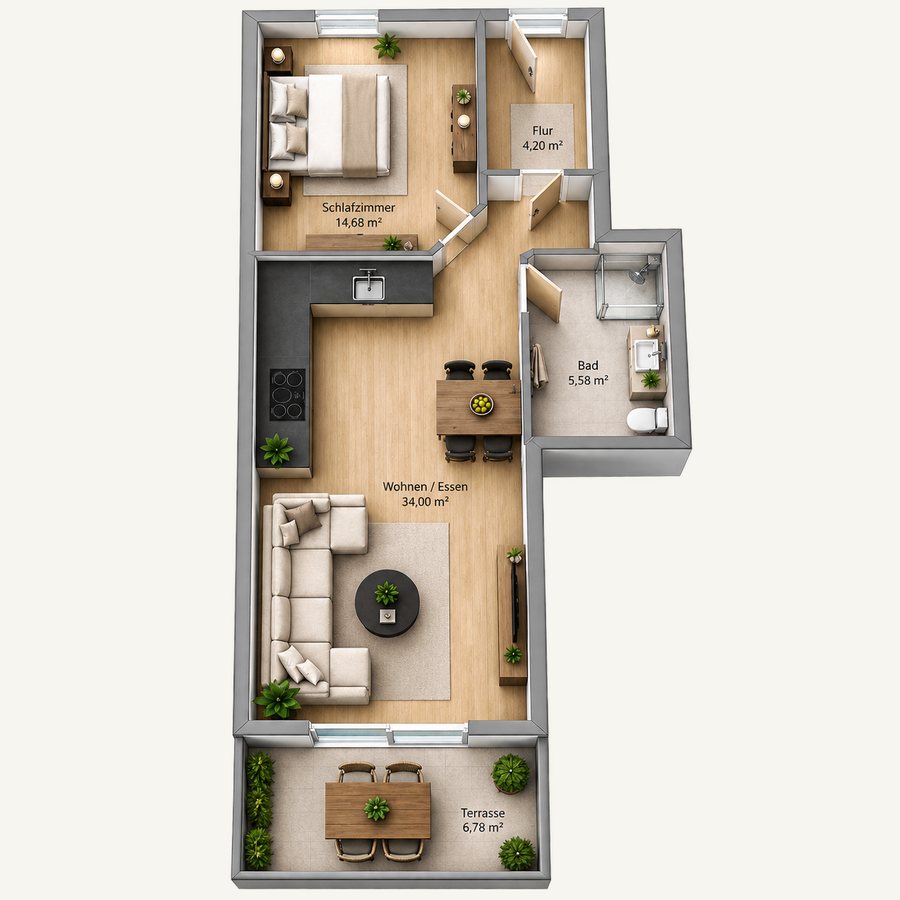 3D-Grundriss 2-Zimmer mit Terrasse