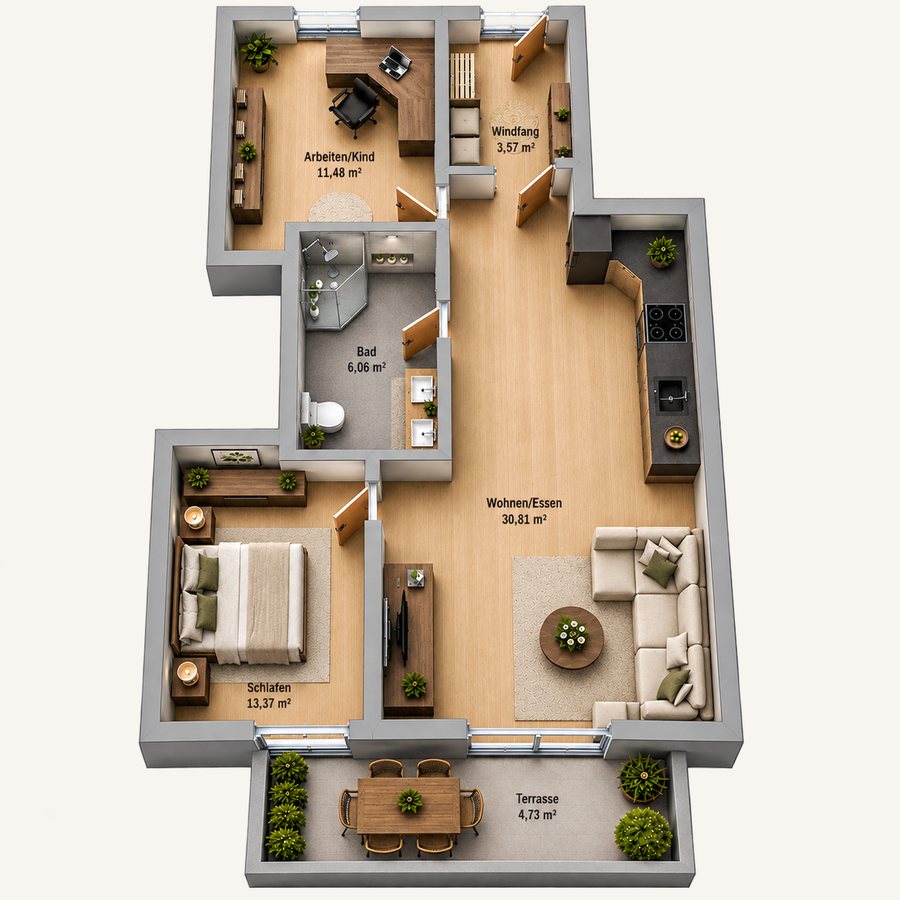 3D-Grundriss 3-Zimmer mit Terrasse