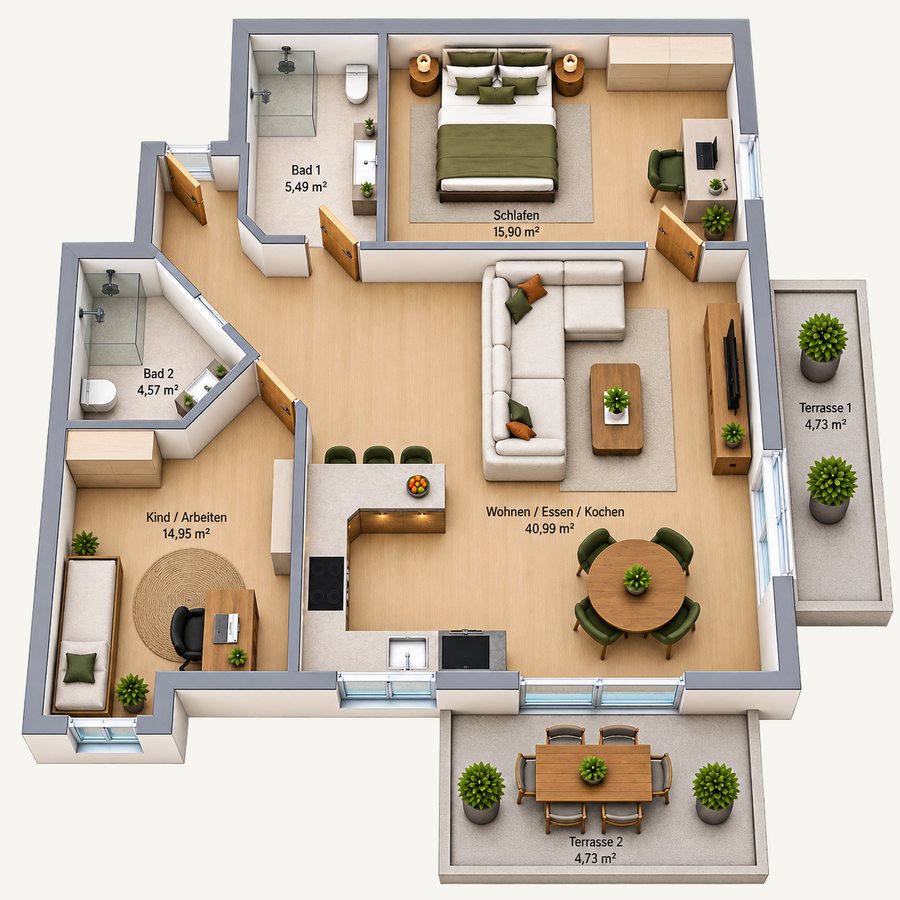 3D-Grundriss 3-Zimmer, zwei Bäder