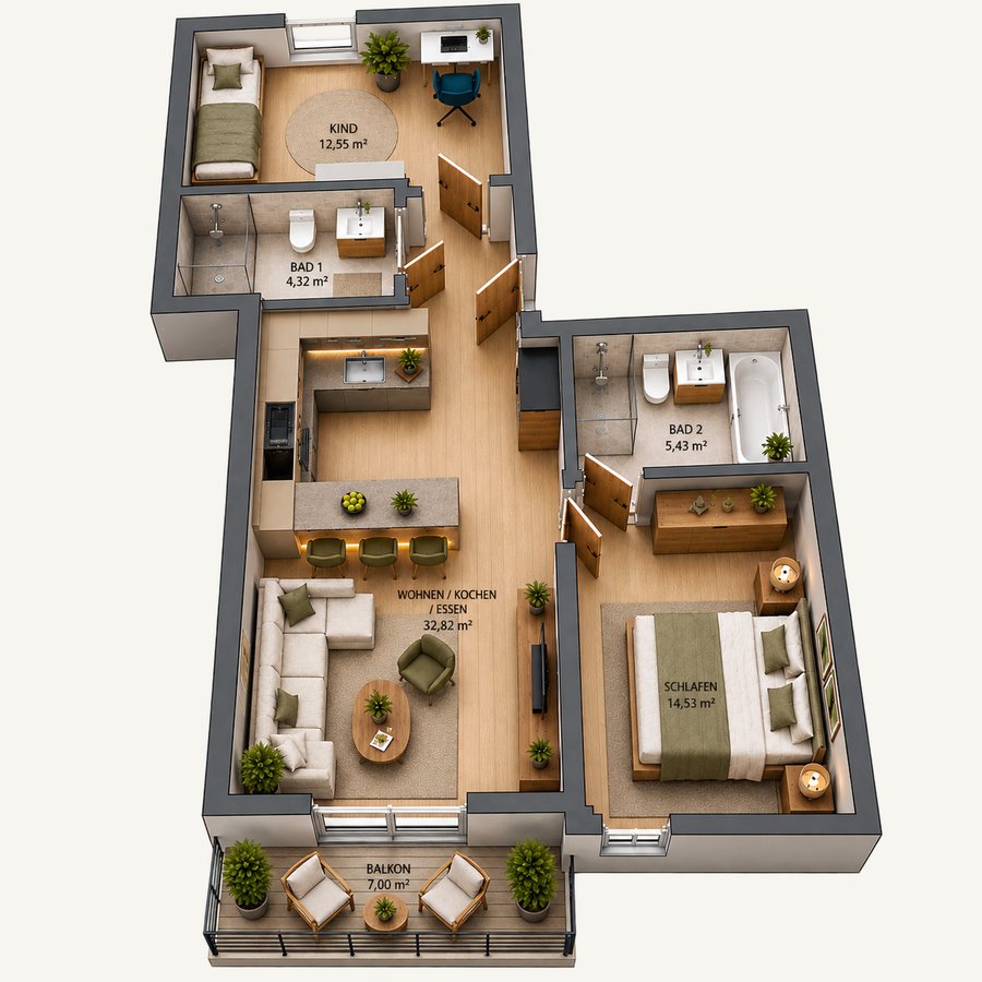 3D-Grundriss 3-Zimmer mit Balkon