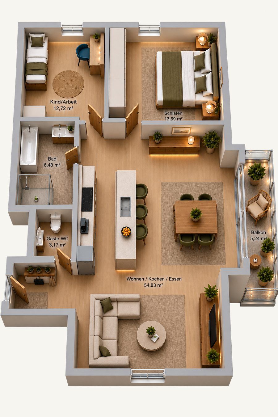 3D-Grundriss 3-Zimmer, großer Wohnraum