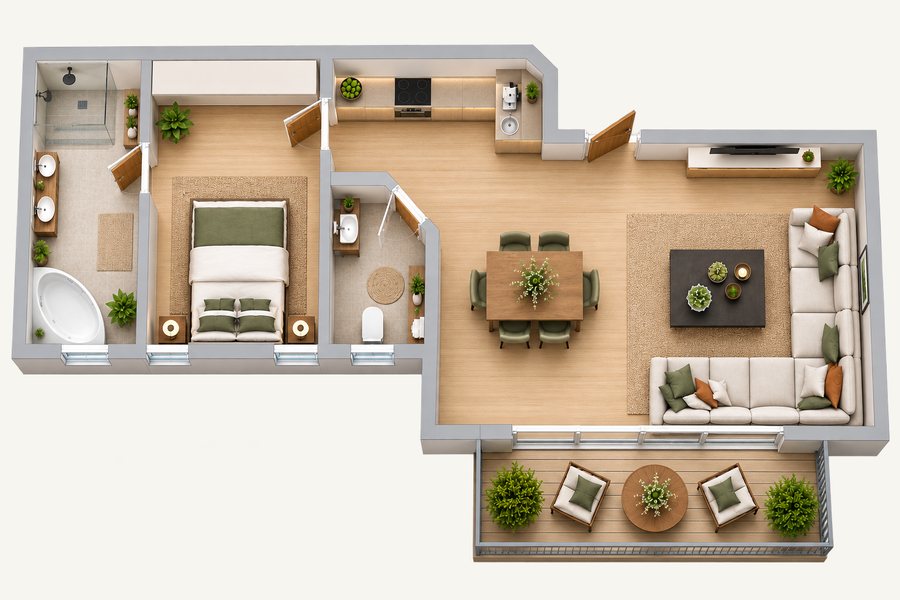 3D-Grundriss 2-Zimmer mit Terrasse