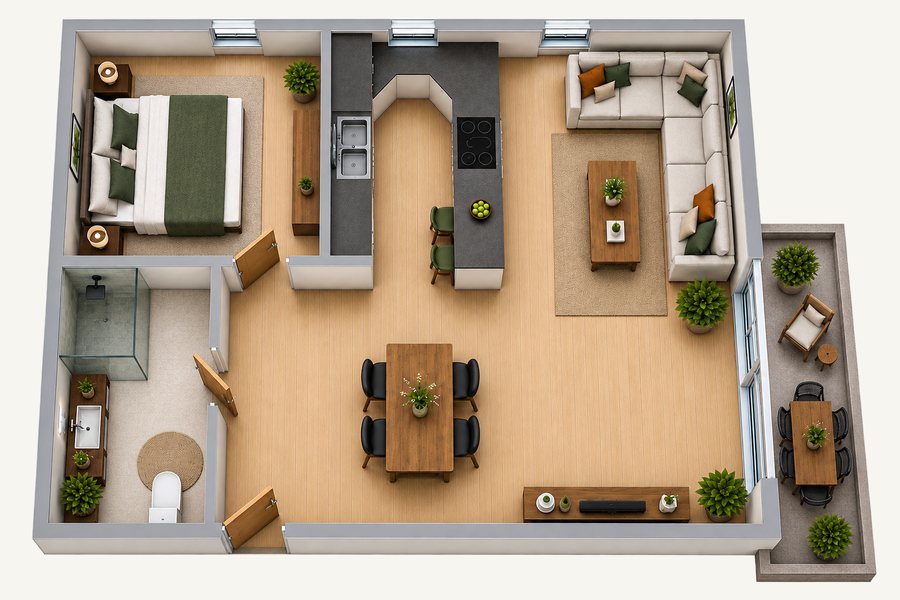 3D-Grundriss 2-Zimmer mit Terrasse