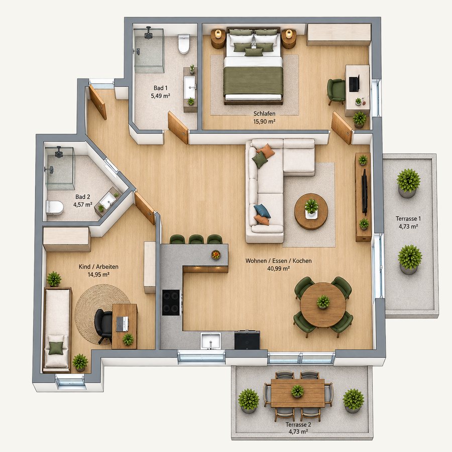 3D-Grundriss 3-Zimmer, zwei Terrassen