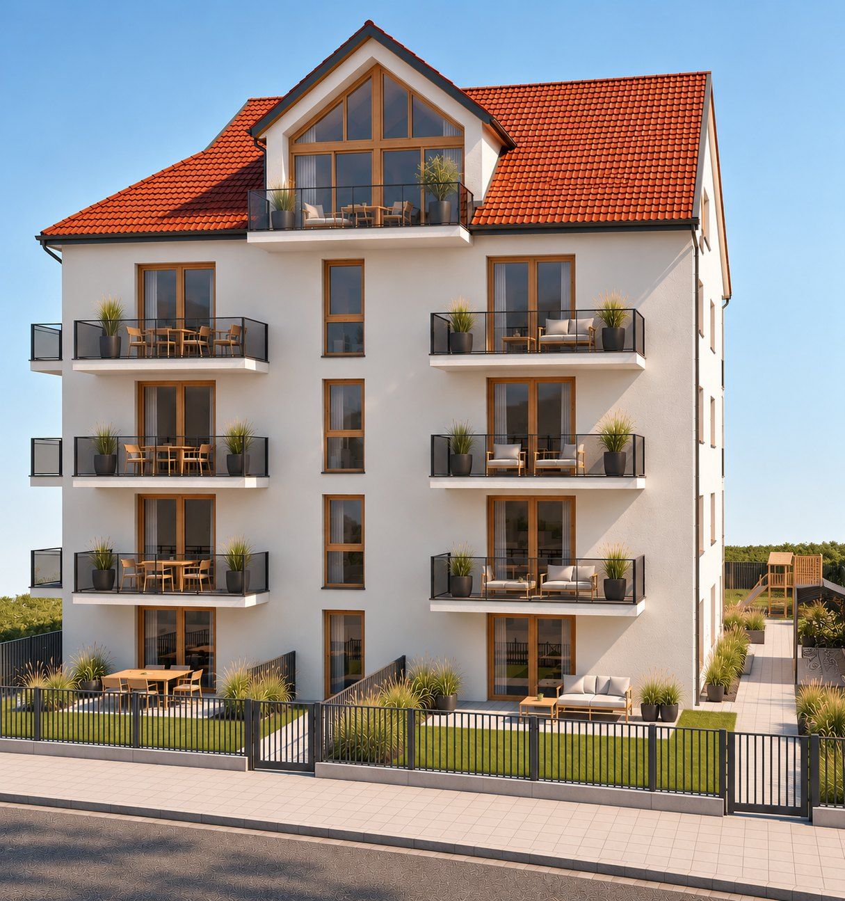 ALPINE LIVING Peißenberg, Gartenansicht mit Balkonen, Visualisierung