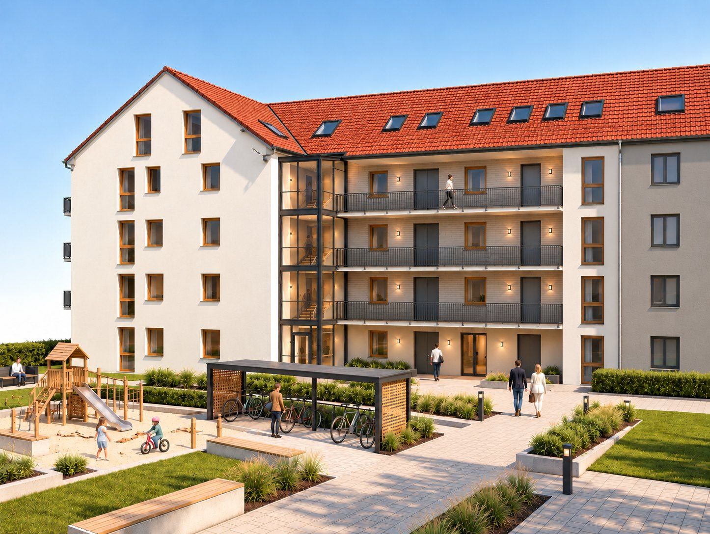 ALPINE LIVING Peißenberg, Hofansicht mit Laubengängen, Glastreppenhaus, Spielplatz und Fahrradstellplätzen