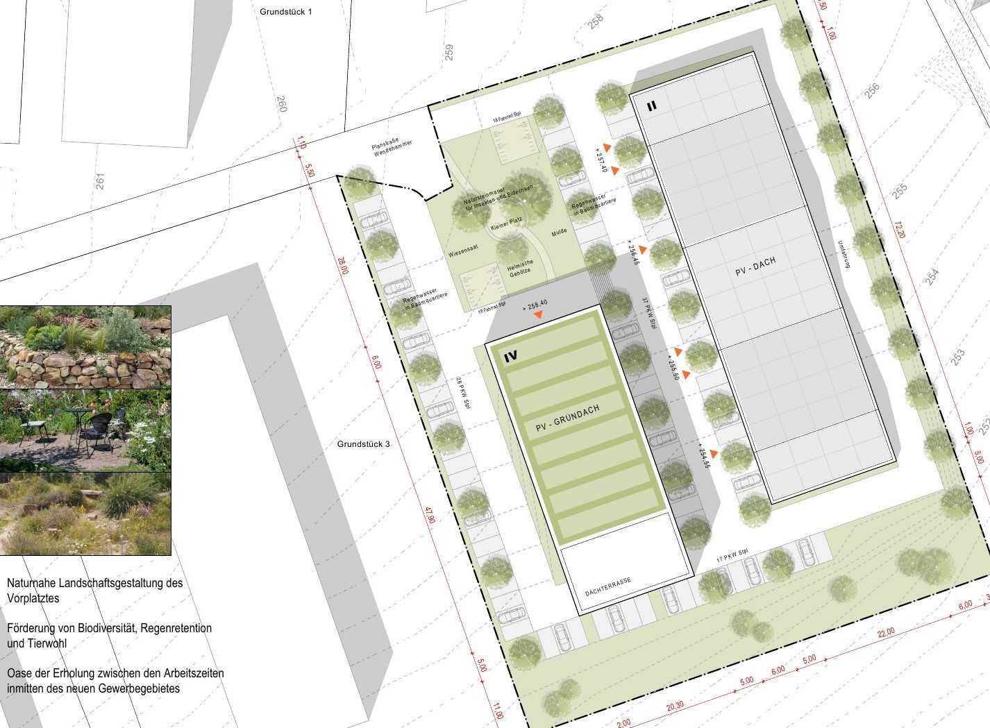 Schönblick, Lageplan mit beiden Baukörpern und Stellplätzen