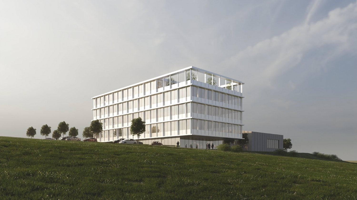 Gewerbequartier Schönblick, Perspektive Süd-West mit Bürogebäude und Start-up-Store
